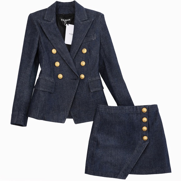BALMAIN Kids Double-Breasted Long Sleeved Denim Blazer & Skirt Set Size 6(Girls) - Picture 2 of 10